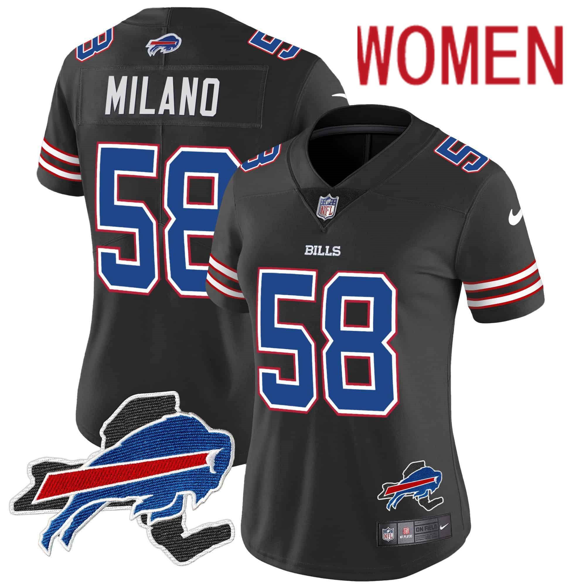 Women Buffalo Bills 58 Milano Black 2024 Nike Patch Vapor Limited NFL Jersey style 1